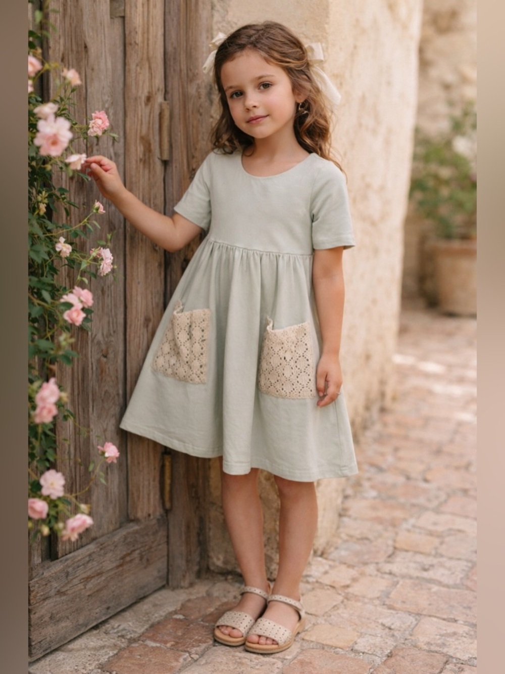 Girls Cotton Crochet Blue Dress